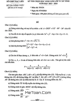 Đề thi HSG Toán 9 cấp tỉnh Bạc Liêu năm 2023 - 2024