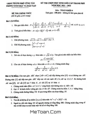 Đề thi học sinh giỏi Toán 9 năm 2021 - 2022 phòng GD&ĐT Vũng Tàu - BR VT