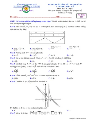 Đề khảo sát lần 1 Toán 12 năm 2024 - 2025 trường THPT Thạch Thành 1 - Thanh Hóa