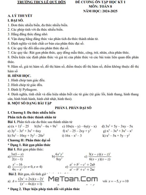 Đề Cương Ôn Tập Học Kỳ 1 Toán 8 Năm 2024 - 2025 Trường THCS Lê Quý Đôn - Hà Nội