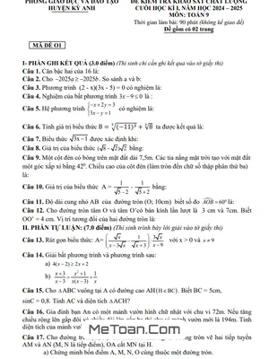 Đề thi học kì 1 Toán 9 năm 2024 - 2025 phòng GD&ĐT Kỳ Anh - Hà Tĩnh