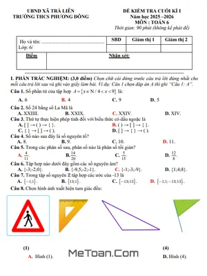 Đề Cuối Kì 1 Toán 6 Năm Học 2025 – 2026 Trường THCS Phương Đông – Đà Nẵng (Có Đáp Án)