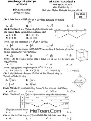 Đề thi HK1 Toán 12 năm 2023 - 2024 sở GD&ĐT An Giang - Có đáp án