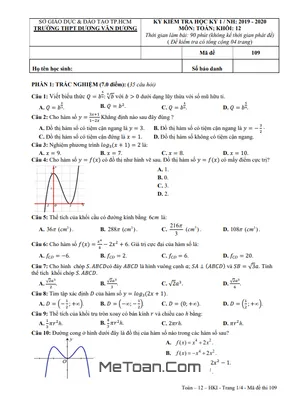 Đề thi HK1 Toán 12 năm 2019 - 2020 trường THPT Dương Văn Dương - TP HCM