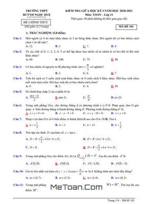 Đề thi giữa HK1 Toán 11 năm 2020 - 2021 trường THPT Huỳnh Ngọc Huệ - Quảng Nam