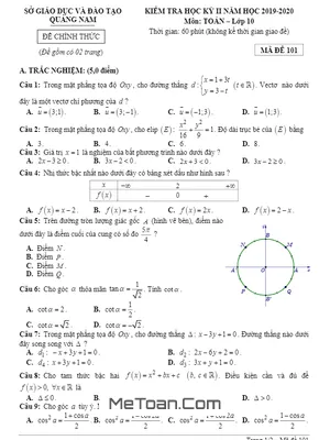 Đề thi học kỳ 2 Toán 10 năm học 2019 - 2020 sở GD&ĐT Quảng Nam