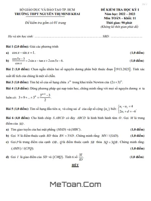 Đề Thi Học Kỳ 1 Toán 11 Năm 2022 - 2023 Trường THPT Nguyễn Thị Minh Khai - TP.HCM