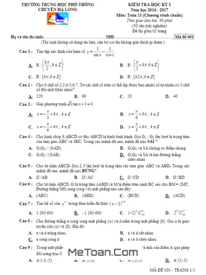 Đề thi HK1 Toán 11 năm học 2016 - 2017 trường chuyên Hạ Long - Quảng Ninh