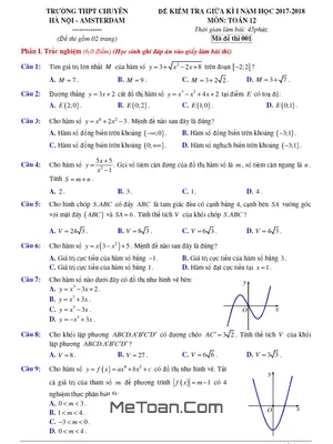 Đề thi giữa kì 1 Toán 12 năm 2017 - 2018 trường THPT chuyên Hà Nội - Amsterdam