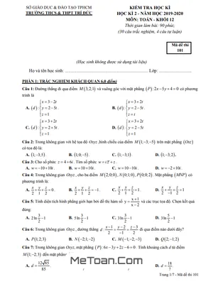 Đề thi học kì 2 Toán 12 năm 2019 - 2020 trường THCS&THPT Trí Đức - TP HCM