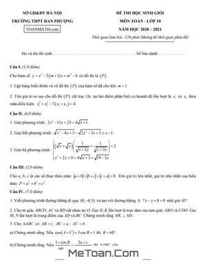 Đề thi HSG Toán 10 năm 2020 - 2021 trường THPT Đan Phượng - Hà Nội