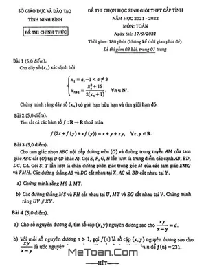 Đề thi HSG Toán THPT cấp tỉnh Ninh Bình năm 2021 - 2022