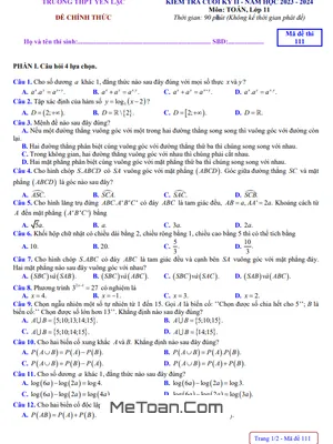 Đề thi cuối kỳ 2 Toán 11 năm 2023 – 2024 trường THPT Yên Lạc – Vĩnh Phúc