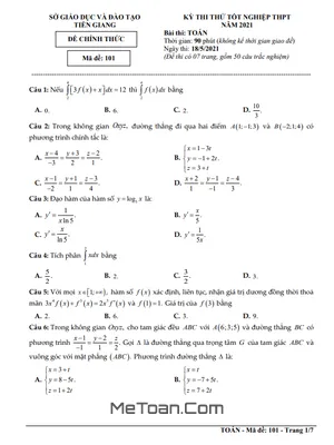 Đề thi thử tốt nghiệp THPT 2021 môn Toán sở GD&ĐT Tiền Giang - Mã đề 101
