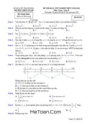 Đề KSCL Tốt Nghiệp THPT 2020 Môn Toán Trường THPT Lê Lợi - Thanh Hóa