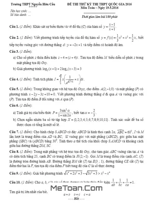 Đề Thi Thử THPT Quốc Gia 2016 Môn Toán Trường Nguyễn Hữu Cầu - TP.HCM