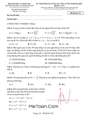 Đề thi đánh giá năng lực môn Toán xét tuyển Đại học 2022 trường ĐHSP Hà Nội