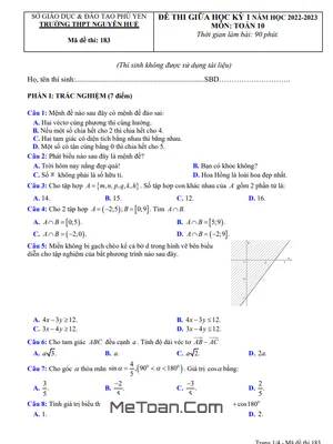 Đề Thi Giữa Kỳ 1 Toán 10 Năm 2022 - 2023 Trường THPT Nguyễn Huệ - Phú Yên