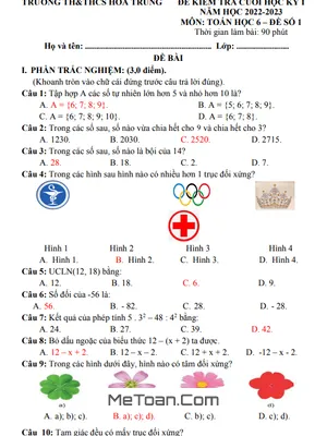 Đề thi học kì 1 Toán lớp 6 năm 2022 - 2023 trường TH&THCS Hoá Trung - Thái Nguyên