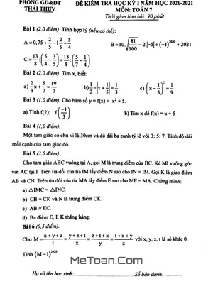 Đề thi HK1 Toán 7 năm 2020 - 2021 phòng GD&ĐT Thái Thụy - Thái Bình