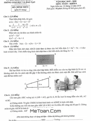 Đề thi học kỳ 1 Toán lớp 8 năm 2019 - 2020 phòng GD&ĐT Quận 1 - TP.HCM