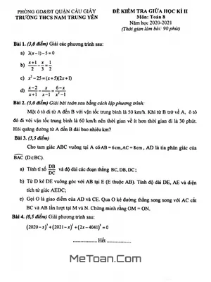 Đề thi giữa kì 2 Toán 8 năm 2020 - 2021 trường THCS Nam Trung Yên - Hà Nội