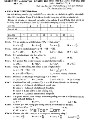 Đề kiểm tra cuối kỳ 1 Toán 9 năm 2022 - 2023 Sở GD&ĐT Bến Tre