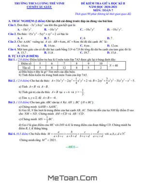 Đề kiểm tra giữa kì 2 Toán 7 năm 2020 - 2021 trường THCS Lương Thế Vinh - Hà Nội