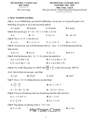 Đề kiểm tra cuối kỳ 2 Toán 8 năm 2021 - 2022 Sở GD&ĐT Bắc Ninh