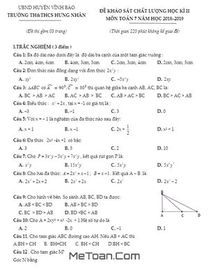 Đề Kiểm Tra Chất Lượng Học Kỳ 2 Toán 7 Năm 2018 - 2019 Trường Hưng Nhân - Hải Phòng