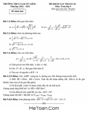Đề khảo sát Toán 9 tháng 10 năm 2021 - 2022 trường THCS Nam Từ Liêm - Hà Nội