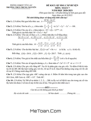 Đề thi HSG Toán 7 năm 2020 - 2021 trường THCS Trung Nguyên - Vĩnh Phúc