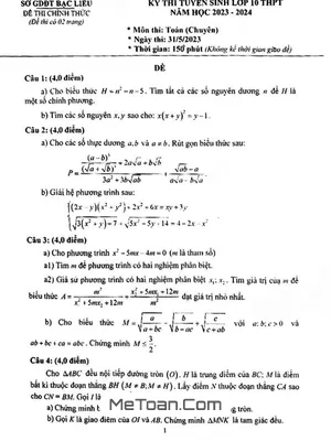 Đề thi tuyển sinh lớp 10 môn Toán (chuyên) năm 2023 - 2024 sở GD&ĐT Bạc Liêu