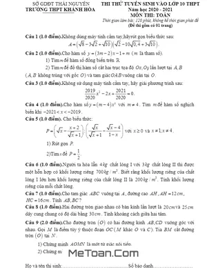 Đề thi thử vào lớp 10 môn Toán trường THPT Khánh Hòa – Thái Nguyên năm 2020 – 2021