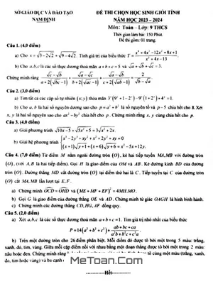 Đề thi học sinh giỏi tỉnh Toán 9 năm 2023 - 2024 Sở GD&ĐT Nam Định