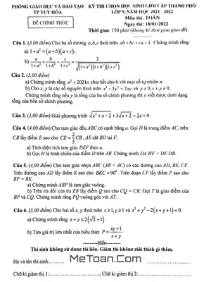 Đề thi HSG Toán 9 năm 2021-2022 phòng GD&ĐT Tuy Hòa - Phú Yên