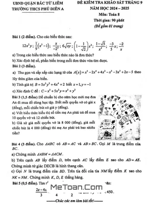 Đề Khảo Sát Tháng 9 Toán 8 Năm 2024 - 2025 Trường THCS Phú Diễn A - Hà Nội