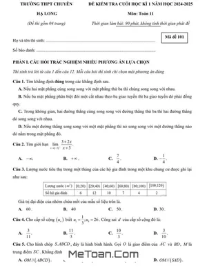 Đề Thi Cuối Kì 1 Toán 11 Năm 2024 - 2025 Trường THPT Chuyên Hạ Long - Quảng Ninh