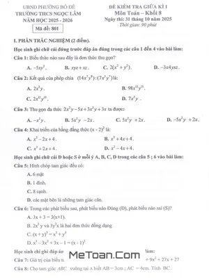 Đề Thi Giữa Kì 1 Môn Toán Lớp 8 Năm 2025 - 2026 Trường THCS Ngọc Lâm (Hà Nội)