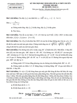 Đề thi học sinh giỏi Toán 11 chuyên năm 2022 - 2023 sở GD&ĐT Vĩnh Phúc