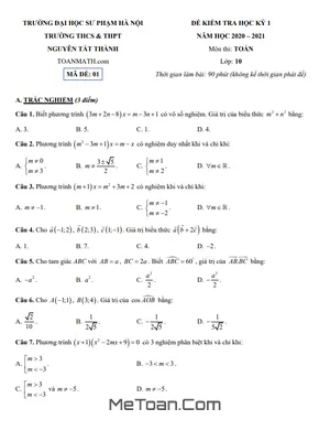 Đề thi học kỳ 1 Toán 10 năm 2020 – 2021 trường Nguyễn Tất Thành – Hà Nội