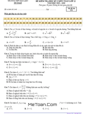 Đề kiểm tra học kỳ 1 Toán 12 năm 2019 - 2020 trường THPT Kim Liên - Hà Nội