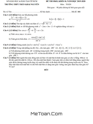 Đề thi học kì 2 Toán 10 năm 2019 – 2020 trường THPT Trần Khai Nguyên – TP HCM