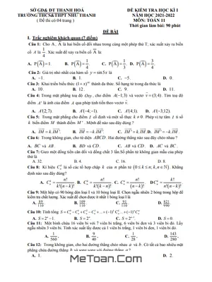 Đề thi Cuối Kỳ 1 Toán 11 Năm 2021 - 2022 Trường THCS & THPT Như Thanh - Thanh Hóa