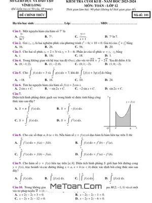 Đề thi Toán 12 cuối kì 2 năm 2023 - 2024 sở GD&ĐT Vĩnh Long (có đáp án)