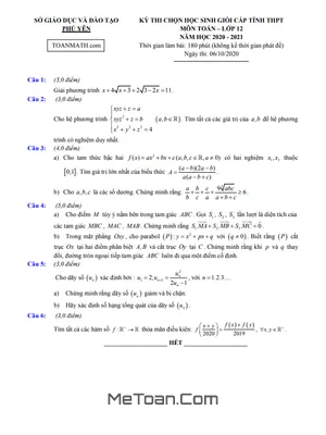 Đề thi HSG Toán 12 cấp tỉnh năm 2020 - 2021 Sở GD&ĐT Phú Yên