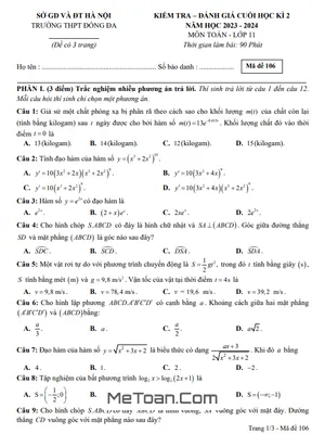 Đề thi học kì 2 Toán 11 năm 2023 - 2024 trường THPT Đống Đa - Hà Nội (Có đáp án)