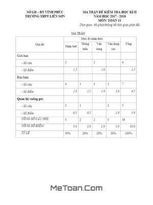 Đề thi học kỳ 2 Toán 11 năm 2017-2018 trường THPT Liễn Sơn - Vĩnh Phúc (có đáp án)