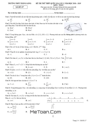 Đề thi thử Toán THPT Quốc gia 2019 lần 2 trường THPT Thăng Long – Hà Nội