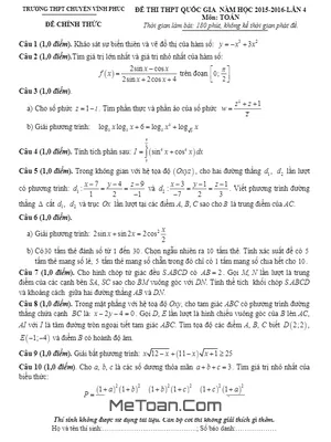 Đề thi thử THPT Quốc gia môn Toán trường Chuyên Vĩnh Phúc lần 4 năm 2016 có đáp án